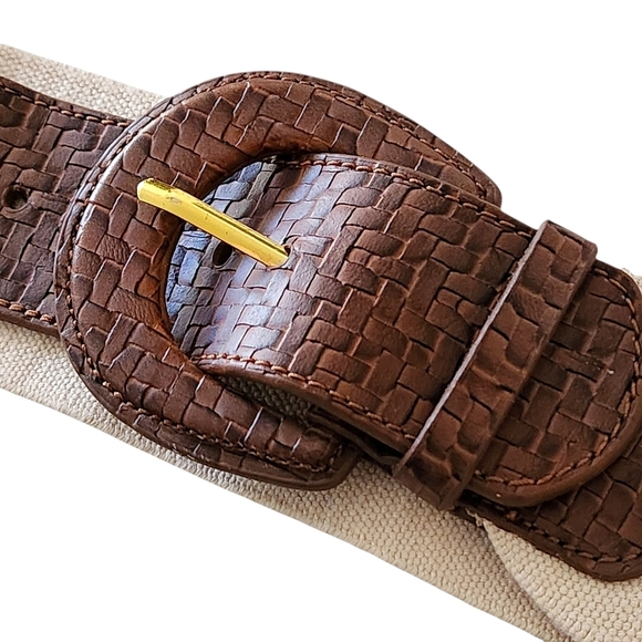 Wide woven brown leather belt stretchy cream strap classic boho summer S/M - Picture 4 of 7